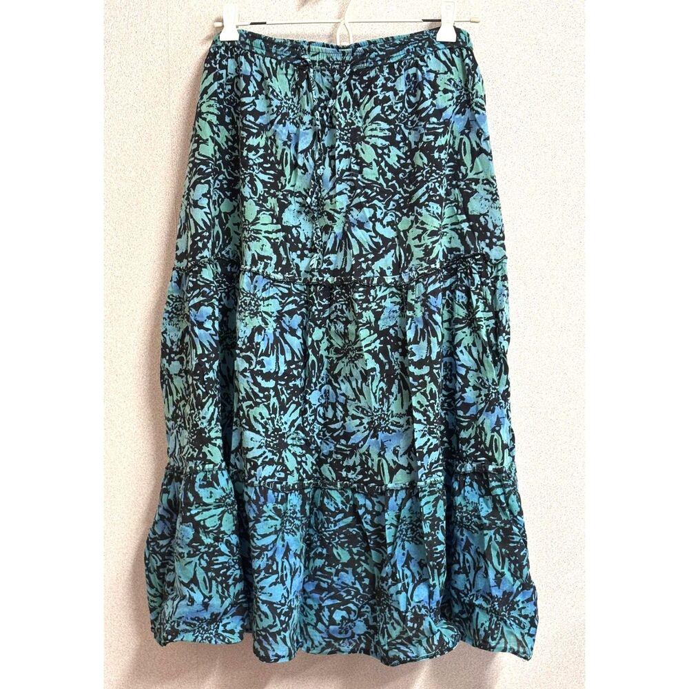 Cotton Tiered Maxi Skirt PM Boho Batik Floral Pull On Blue Green Y2K Cottagecore
